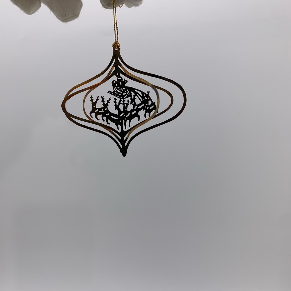 Christmas Fancy Collectible Vtg. Gold Brass Plated 3D Santa Reindeers Ornament